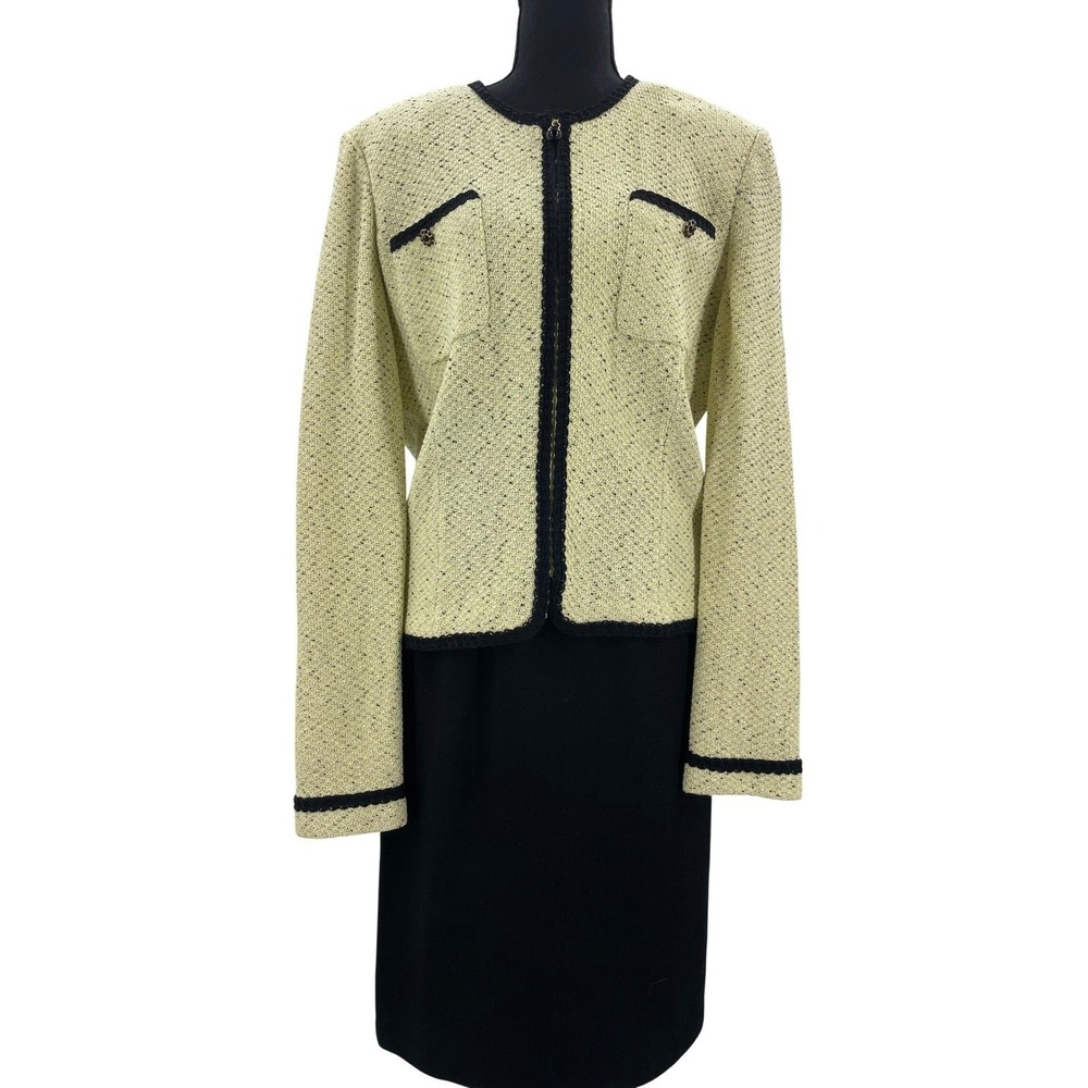 St. John Skirt Suit Womens 10 Yellow Black Knit Tweed Jacket Classic Luxury Chic